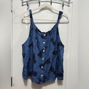 GAP‎ Button Front Tank Top Linen Blend Women's XL Blue Pineapple Tropical Beach